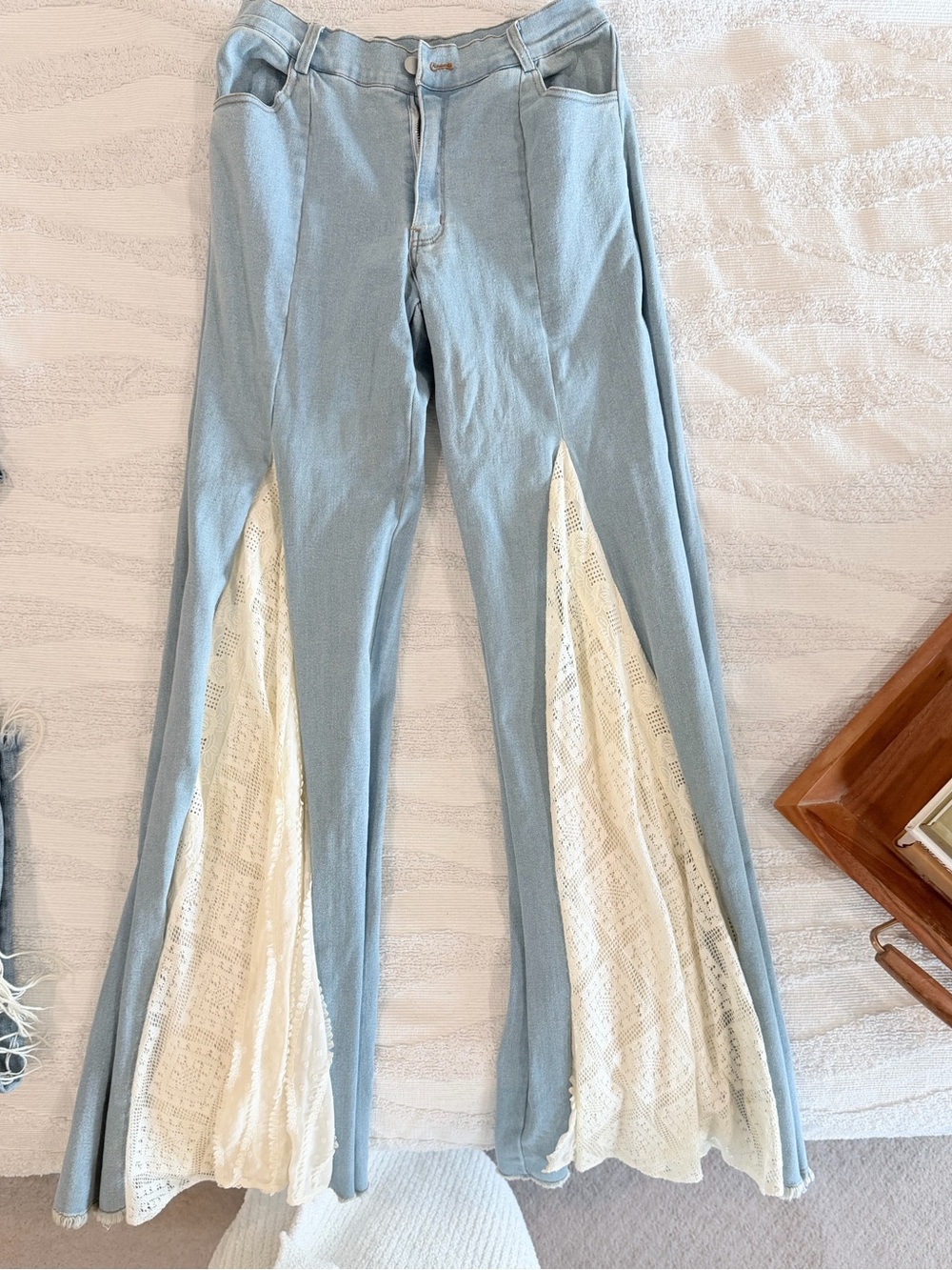 Light Wash Flared Jeans with Cream Lace Insets